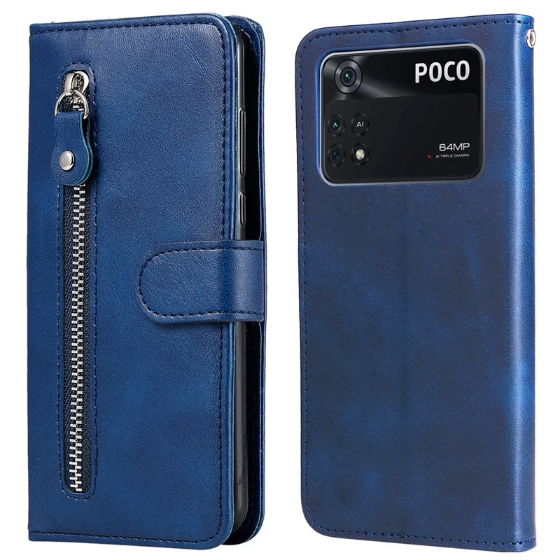 جراب هاتف بخاصية المحفظة والحوامل من جلد PU لهاتف Xiaomi Poco M4 Pro، بغطاء مقاوم للصدمات مع إغلاق مغناطيسي وجيب بسحّاب - أزرق