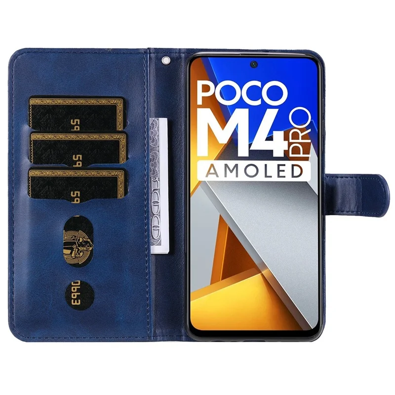 جراب هاتف بخاصية المحفظة والحوامل من جلد PU لهاتف Xiaomi Poco M4 Pro، بغطاء مقاوم للصدمات مع إغلاق مغناطيسي وجيب بسحّاب - أزرق