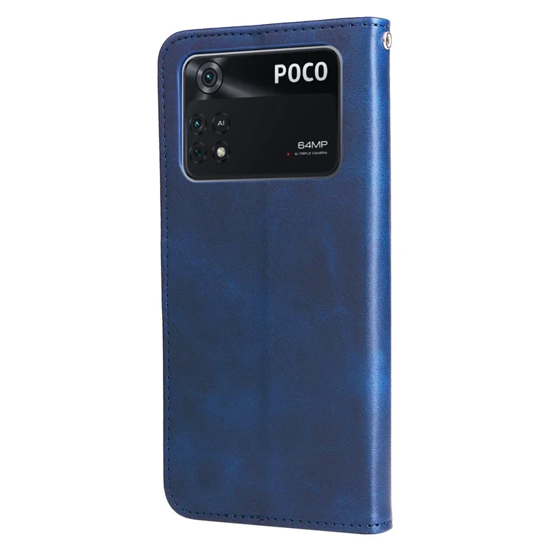 جراب هاتف بخاصية المحفظة والحوامل من جلد PU لهاتف Xiaomi Poco M4 Pro، بغطاء مقاوم للصدمات مع إغلاق مغناطيسي وجيب بسحّاب - أزرق