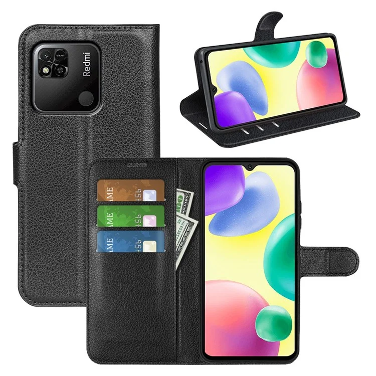 For Xiaomi Redmi 10A Litchi Texture Adjustable Stand Leather Case Magnetic Clasp Wallet Phone Cover - Black