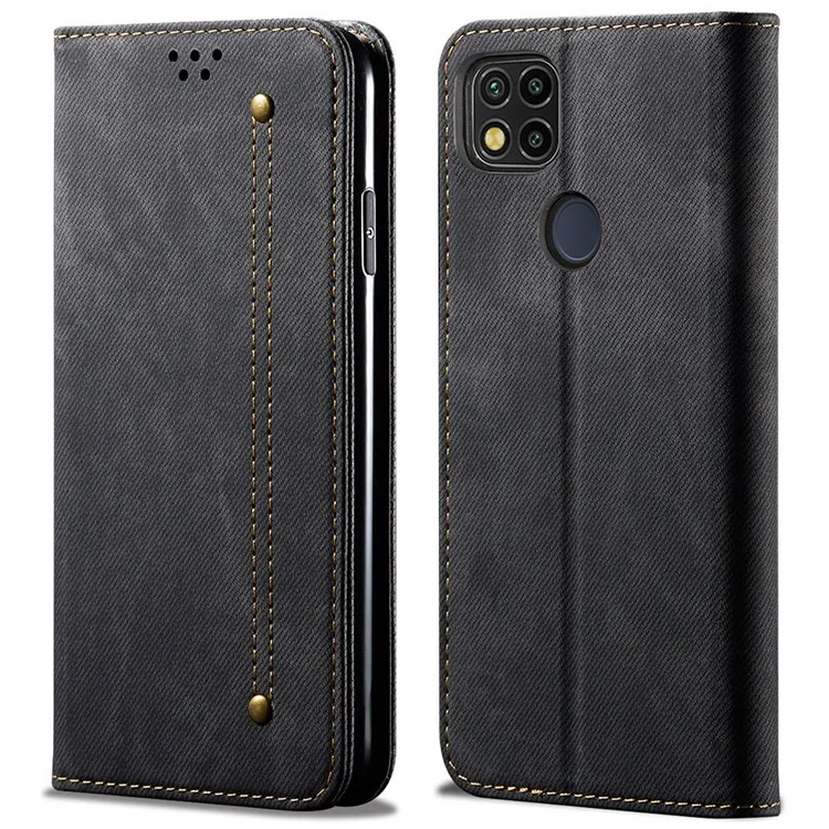 Pour Xiaomi Redmi 10A/Redmi 9C/9C NFC Jeans Cloth Texture Magnetic Suction Case PU Leather+TPU Dual-layer Protection Wallet Cover with Stand - Noir