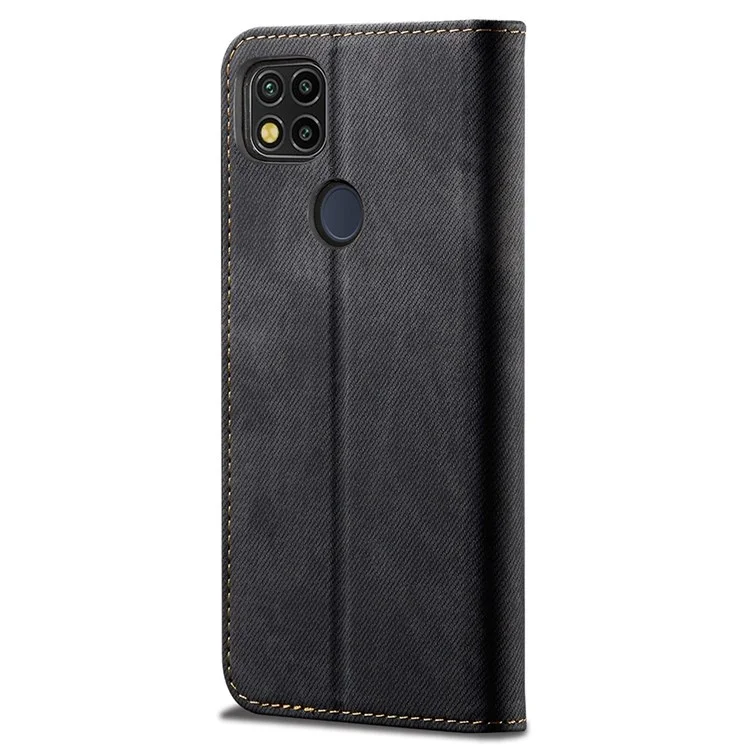 Pour Xiaomi Redmi 10A/Redmi 9C/9C NFC Jeans Cloth Texture Magnetic Suction Case PU Leather+TPU Dual-layer Protection Wallet Cover with Stand - Noir