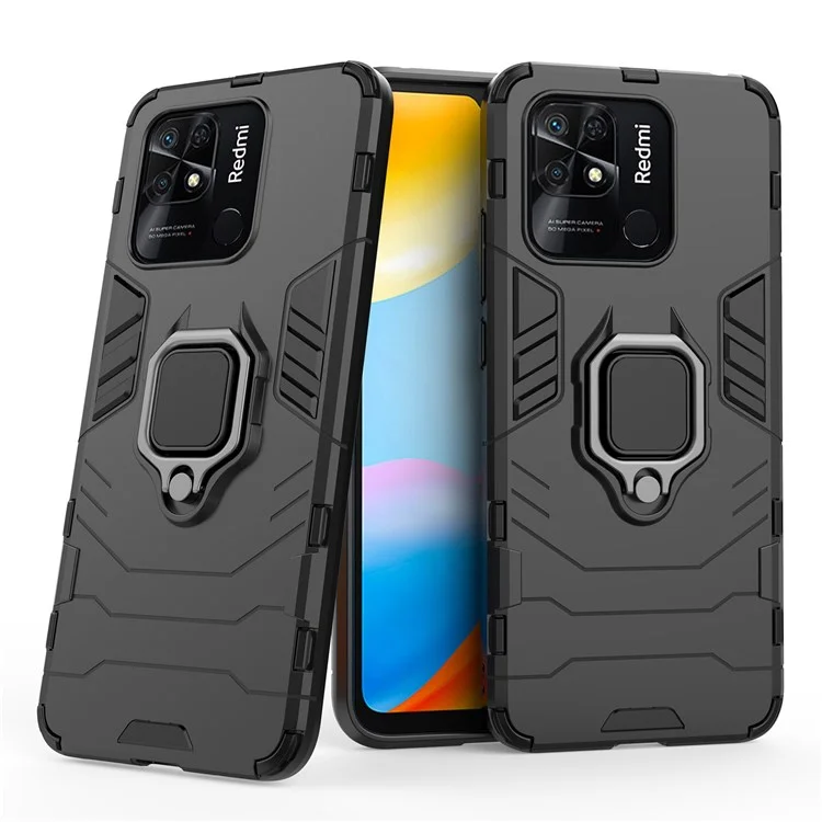 Ring Holder Kickstand Phone Case for Xiaomi Redmi 10C 4G Soft TPU + Hard PC Drop-Proof Protective Cover - Black