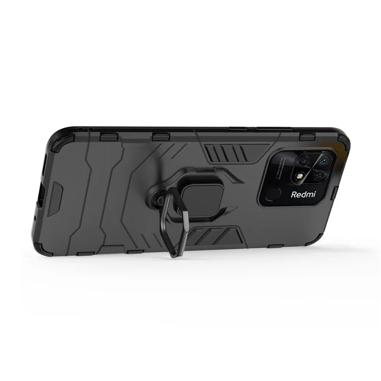 Ring Holder Kickstand Phone Case for Xiaomi Redmi 10C 4G Soft TPU + Hard PC Drop-Proof Protective Cover - Black