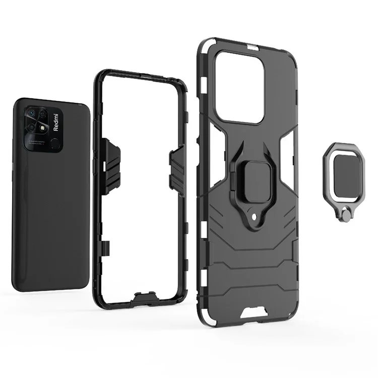 Ring Holder Kickstand Phone Case for Xiaomi Redmi 10C 4G Soft TPU + Hard PC Drop-Proof Protective Cover - Black