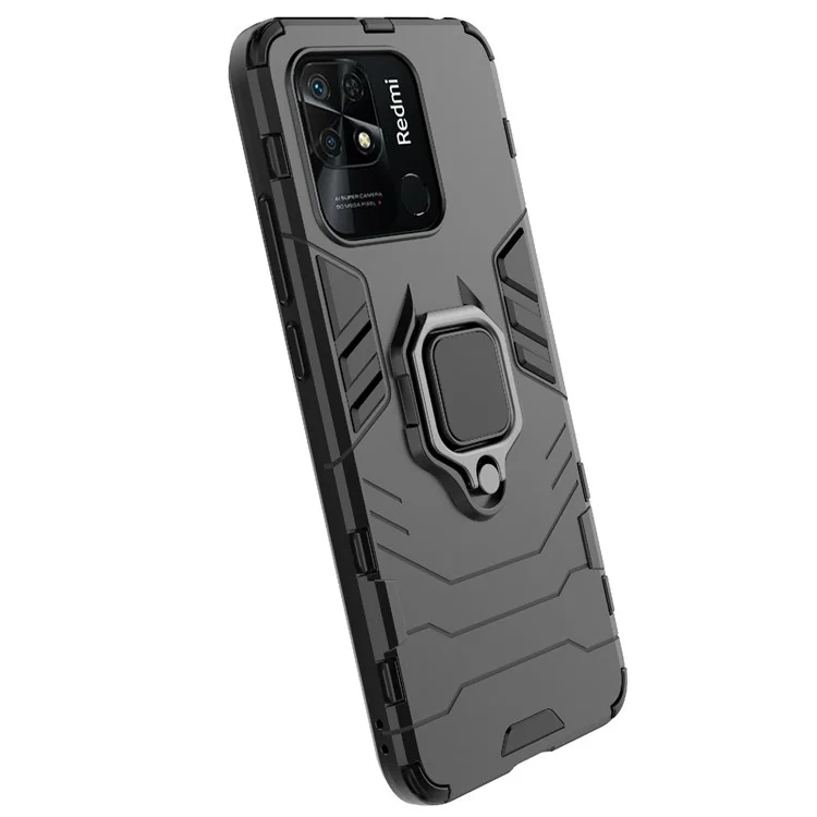 Ring Holder Kickstand Phone Case for Xiaomi Redmi 10C 4G Soft TPU + Hard PC Drop-Proof Protective Cover - Black