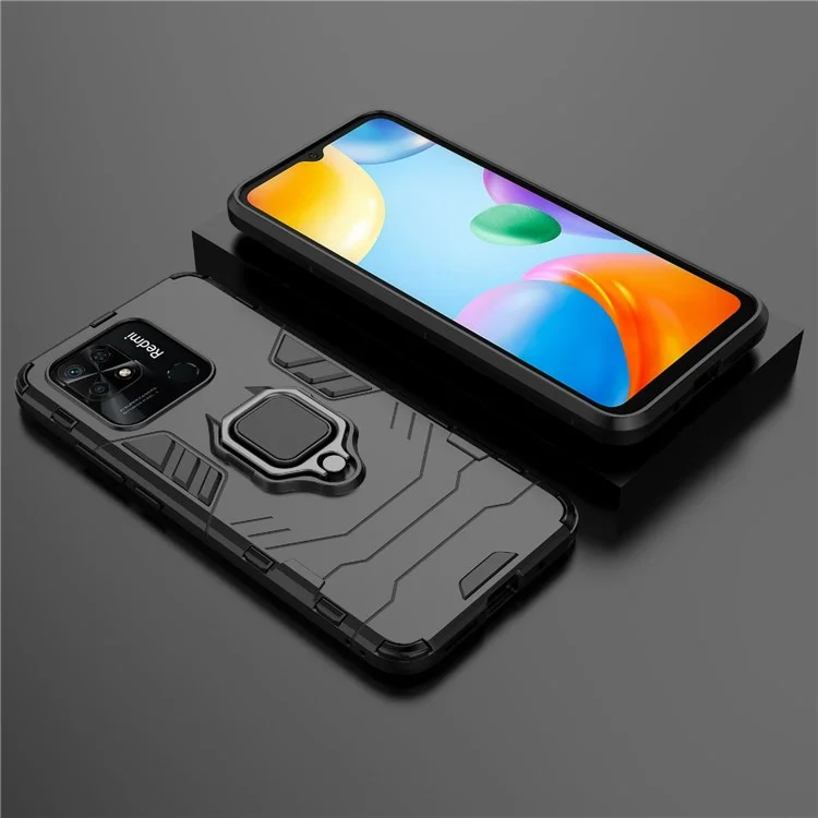 Ring Holder Kickstand Phone Case for Xiaomi Redmi 10C 4G Soft TPU + Hard PC Drop-Proof Protective Cover - Black
