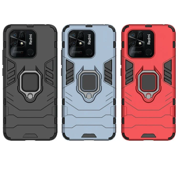 Ring Holder Kickstand Phone Case for Xiaomi Redmi 10C 4G Soft TPU + Hard PC Drop-Proof Protective Cover - Black