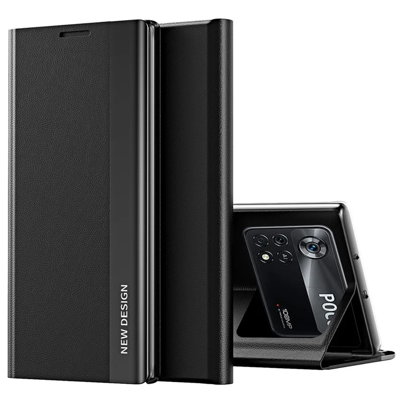Para Xiaomi Poco M4 Pro 4G Electroplating PU Leather Phone Case com Suporte Dobrável - Preto