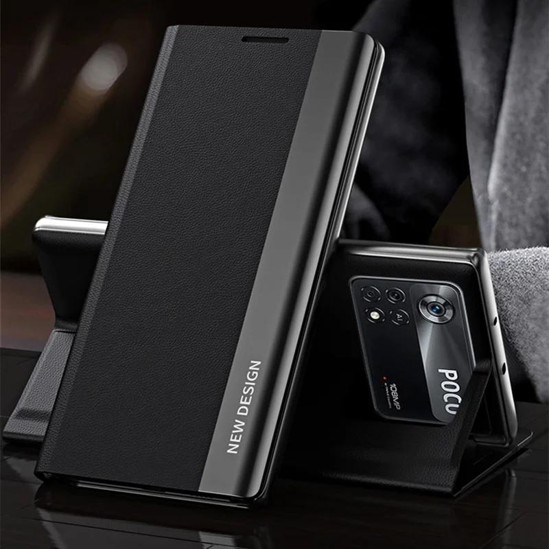Para Xiaomi Poco M4 Pro 4G Electroplating PU Leather Phone Case com Suporte Dobrável - Preto