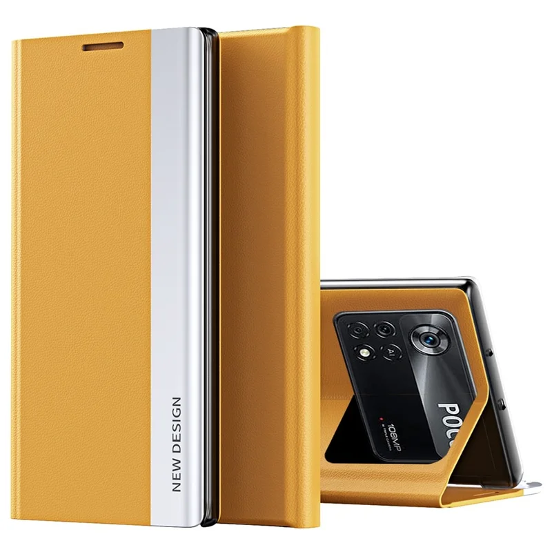 For Xiaomi Poco M4 Pro 4G Electroplating PU Leather Phone Case with Foldable Stand - Yellow