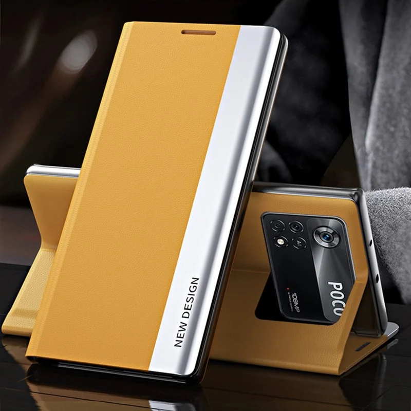 For Xiaomi Poco M4 Pro 4G Electroplating PU Leather Phone Case with Foldable Stand - Yellow