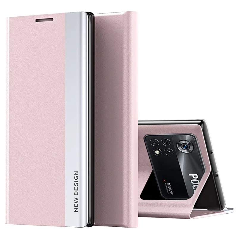 For Xiaomi Poco M4 Pro 4G Electroplating PU Leather Phone Case with Foldable Stand - Pink