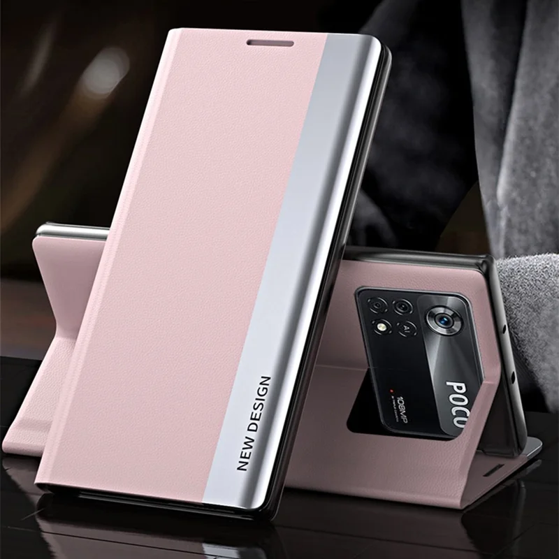 For Xiaomi Poco M4 Pro 4G Electroplating PU Leather Phone Case with Foldable Stand - Pink