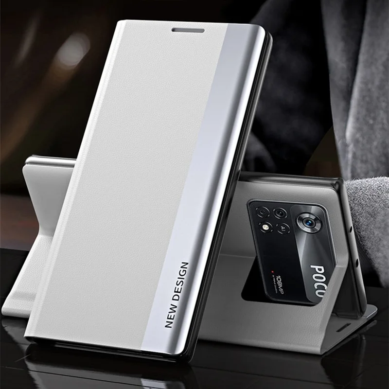 For Xiaomi Poco M4 Pro 4G Electroplating PU Leather Phone Case with Foldable Stand - White