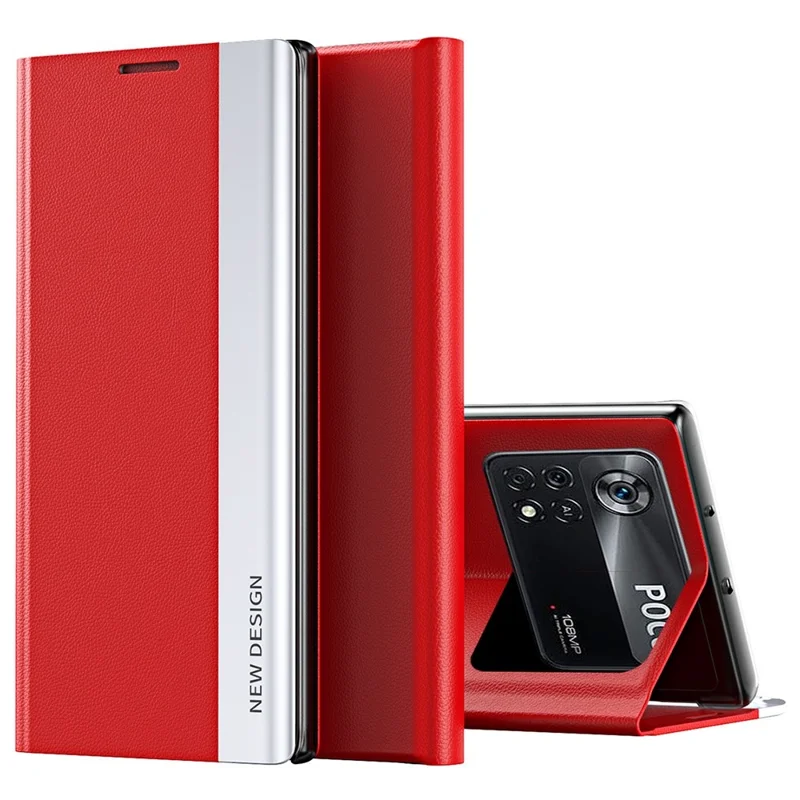 For Xiaomi Poco M4 Pro 4G Electroplating PU Leather Phone Case with Foldable Stand - Red