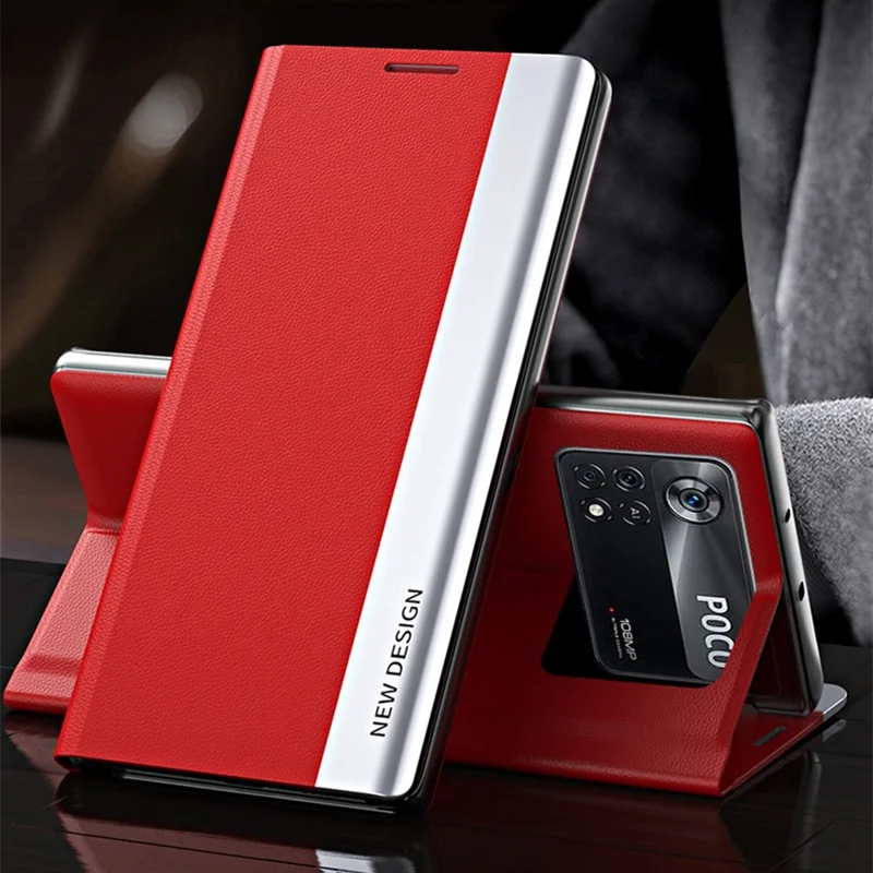 For Xiaomi Poco M4 Pro 4G Electroplating PU Leather Phone Case with Foldable Stand - Red