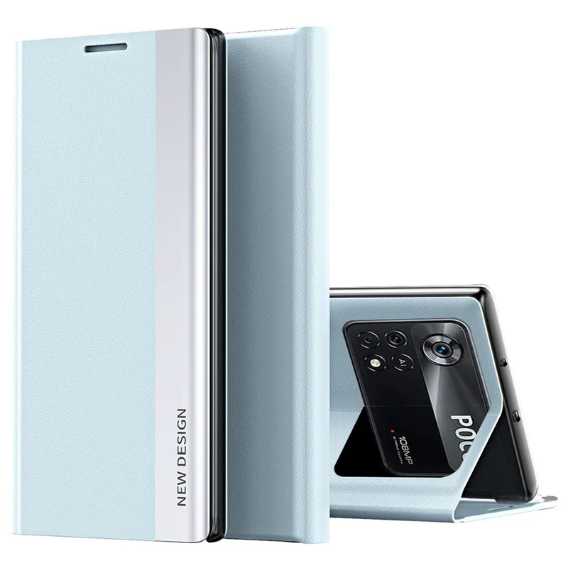 Pour Xiaomi Poco M4 Pro 4G Electroplating PU Leather Phone Case avec Foldable Stand - Baby Blue