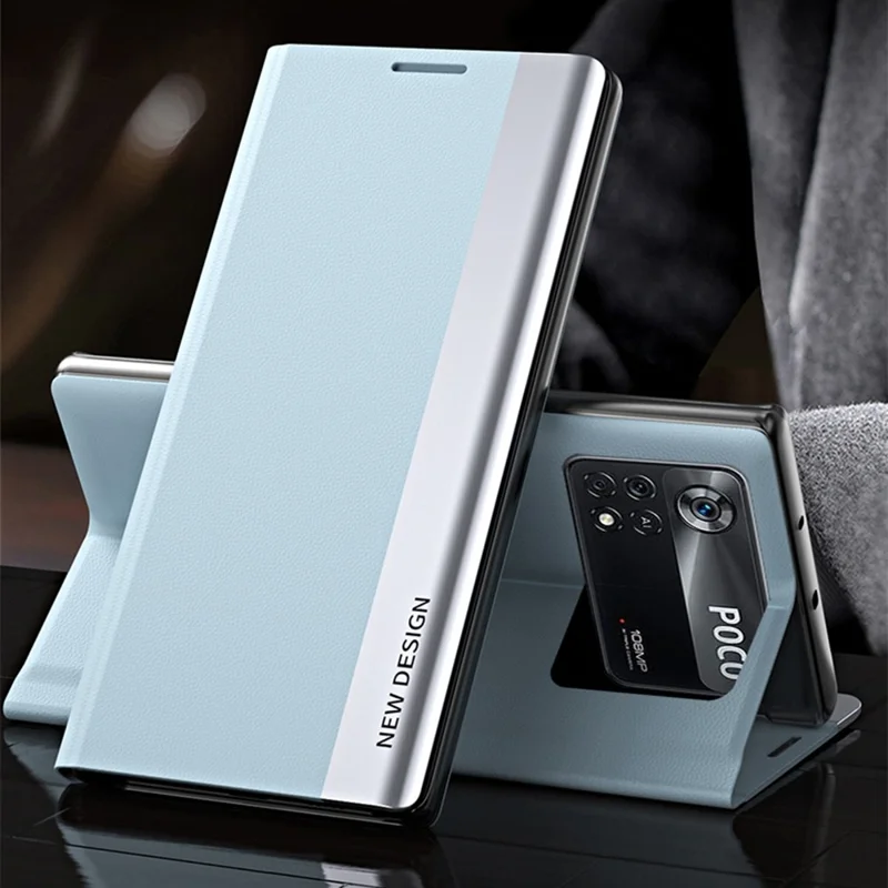 Pour Xiaomi Poco M4 Pro 4G Electroplating PU Leather Phone Case avec Foldable Stand - Baby Blue