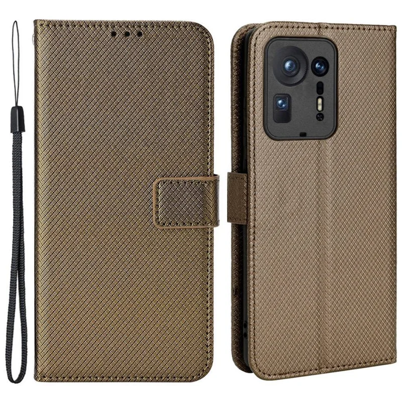 جراب محفظة أفقي لهاتف Xiaomi Mix 4 قابل للطي مع حامل عرض بملمس ماسي من جلد PU واقٍ مع حزام - بني