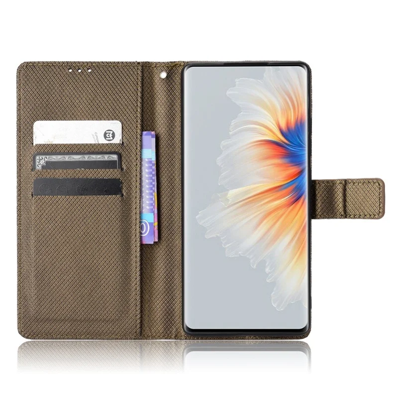 جراب محفظة أفقي لهاتف Xiaomi Mix 4 قابل للطي مع حامل عرض بملمس ماسي من جلد PU واقٍ مع حزام - بني