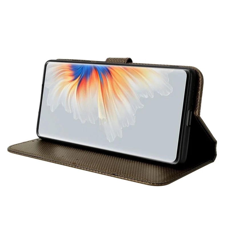 جراب محفظة أفقي لهاتف Xiaomi Mix 4 قابل للطي مع حامل عرض بملمس ماسي من جلد PU واقٍ مع حزام - بني