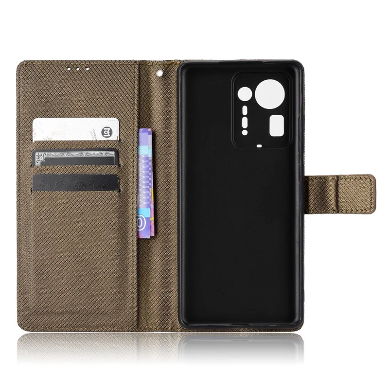 جراب محفظة أفقي لهاتف Xiaomi Mix 4 قابل للطي مع حامل عرض بملمس ماسي من جلد PU واقٍ مع حزام - بني