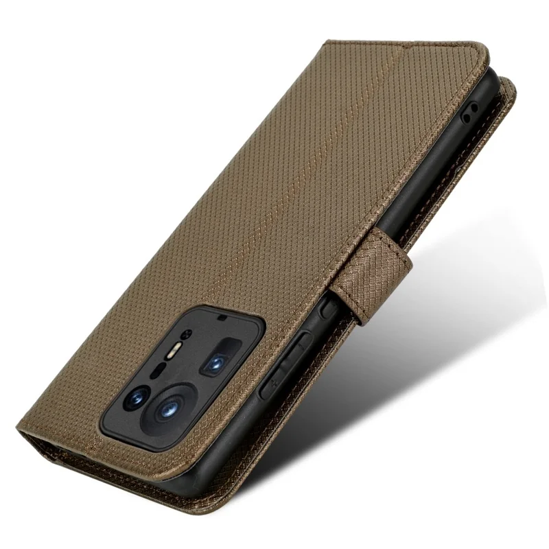 جراب محفظة أفقي لهاتف Xiaomi Mix 4 قابل للطي مع حامل عرض بملمس ماسي من جلد PU واقٍ مع حزام - بني
