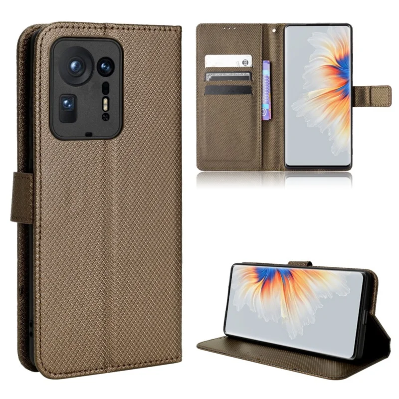 جراب محفظة أفقي لهاتف Xiaomi Mix 4 قابل للطي مع حامل عرض بملمس ماسي من جلد PU واقٍ مع حزام - بني