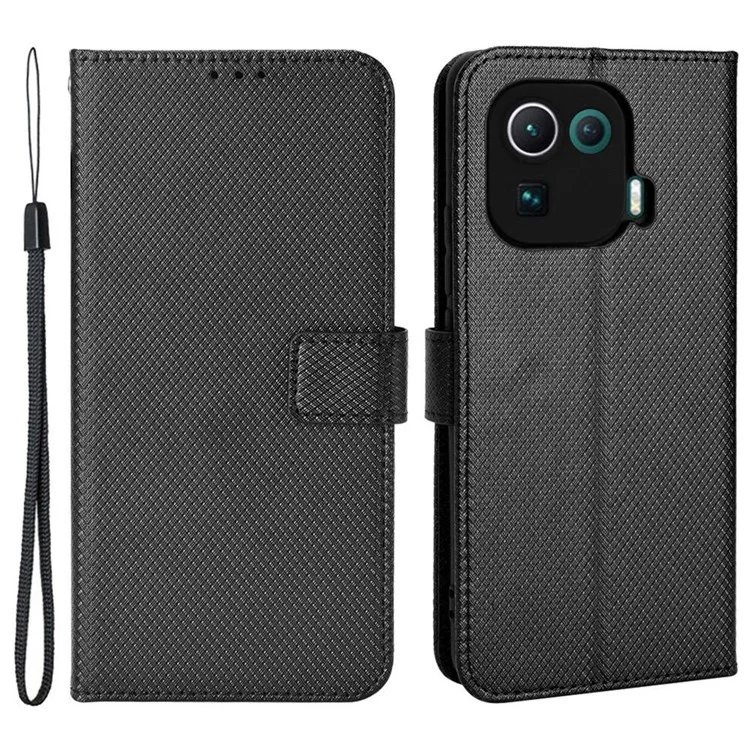 Para Xiaomi Mi 11 Pro Diamond Texture Texture Case PU Stand Stand Folio TPU Tampa de Proteção Interior Com Cinta - Preto