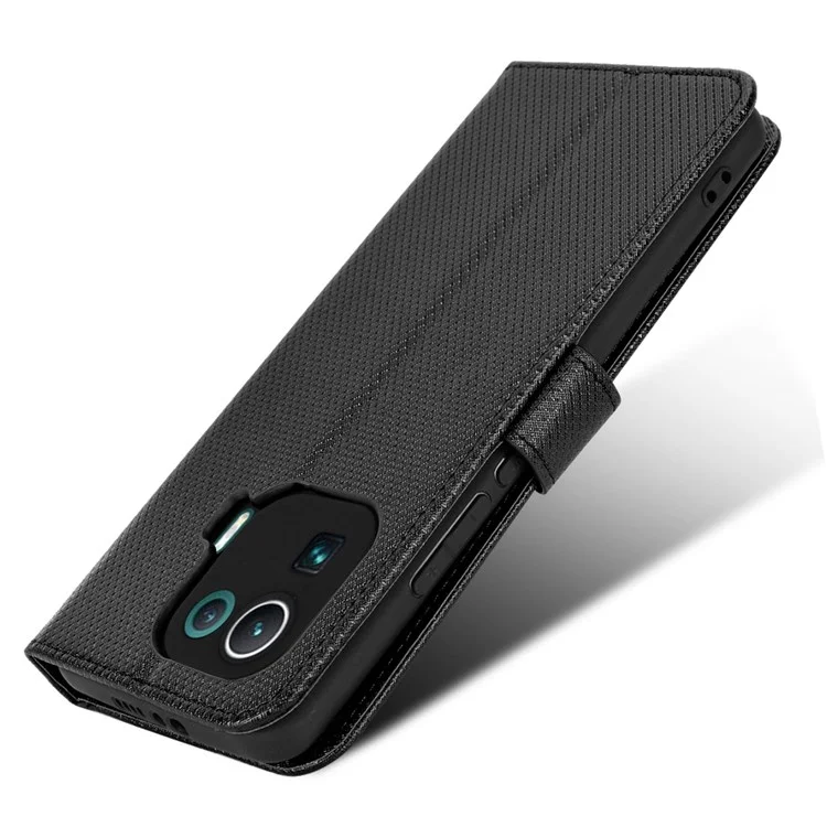 Para Xiaomi Mi 11 Pro Diamond Texture Texture Case PU Stand Stand Folio TPU Tampa de Proteção Interior Com Cinta - Preto