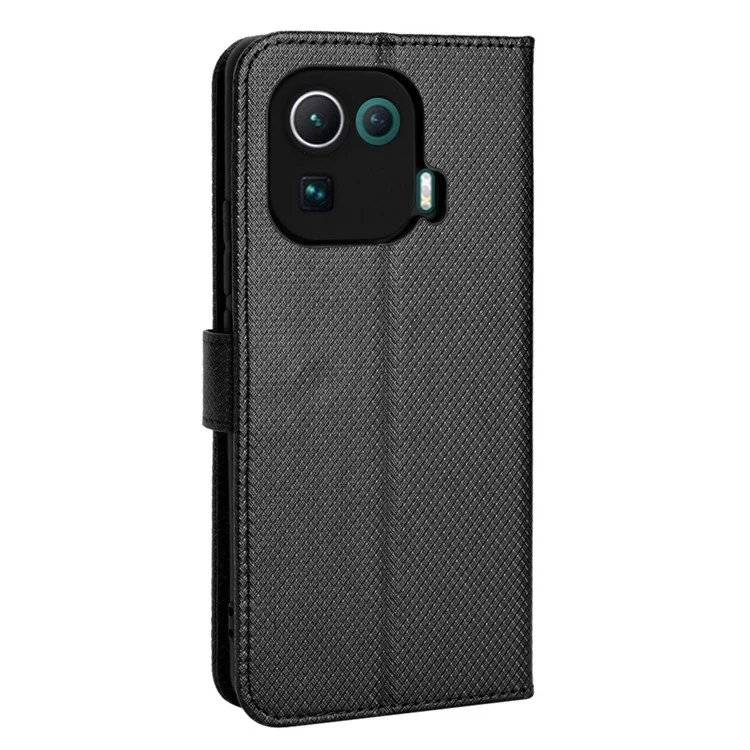 Para Xiaomi Mi 11 Pro Diamond Texture Texture Case PU Stand Stand Folio TPU Tampa de Proteção Interior Com Cinta - Preto