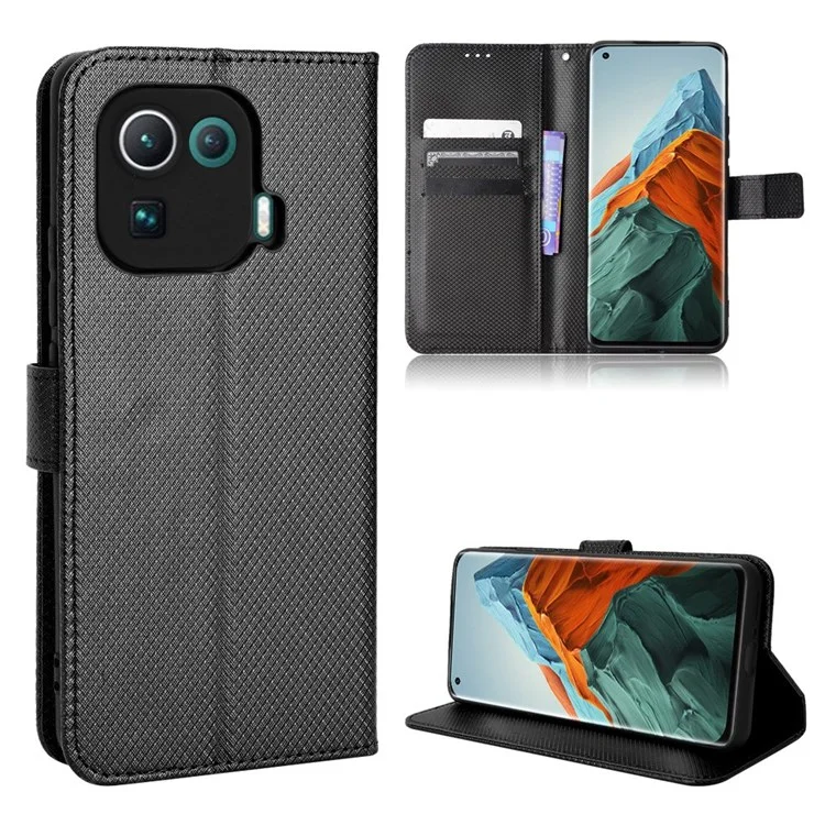 Para Xiaomi Mi 11 Pro Diamond Texture Texture Case PU Stand Stand Folio TPU Tampa de Proteção Interior Com Cinta - Preto