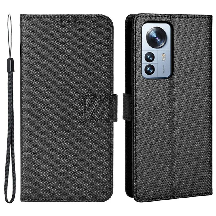 Para Xiaomi 12/12x/12s 5G PU Libro de Cuero Vista de Soporte Vista de la Cubierta Diamante Flip Telephip Con Correa de Muñeca - Negro