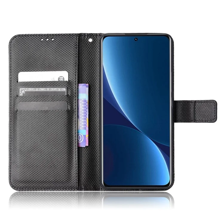 Para Xiaomi 12/12x/12s 5G PU Libro de Cuero Vista de Soporte Vista de la Cubierta Diamante Flip Telephip Con Correa de Muñeca - Negro