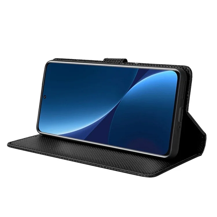 Para Xiaomi 12/12x/12s 5G PU Libro de Cuero Vista de Soporte Vista de la Cubierta Diamante Flip Telephip Con Correa de Muñeca - Negro