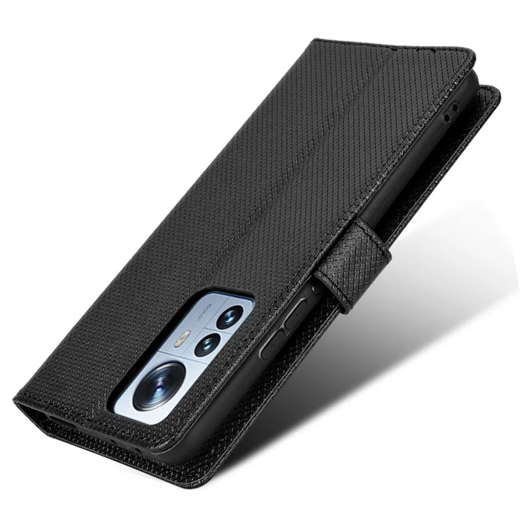 Para Xiaomi 12/12x/12s 5G PU Libro de Cuero Vista de Soporte Vista de la Cubierta Diamante Flip Telephip Con Correa de Muñeca - Negro