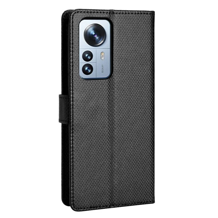 Para Xiaomi 12/12x/12s 5G PU Libro de Cuero Vista de Soporte Vista de la Cubierta Diamante Flip Telephip Con Correa de Muñeca - Negro