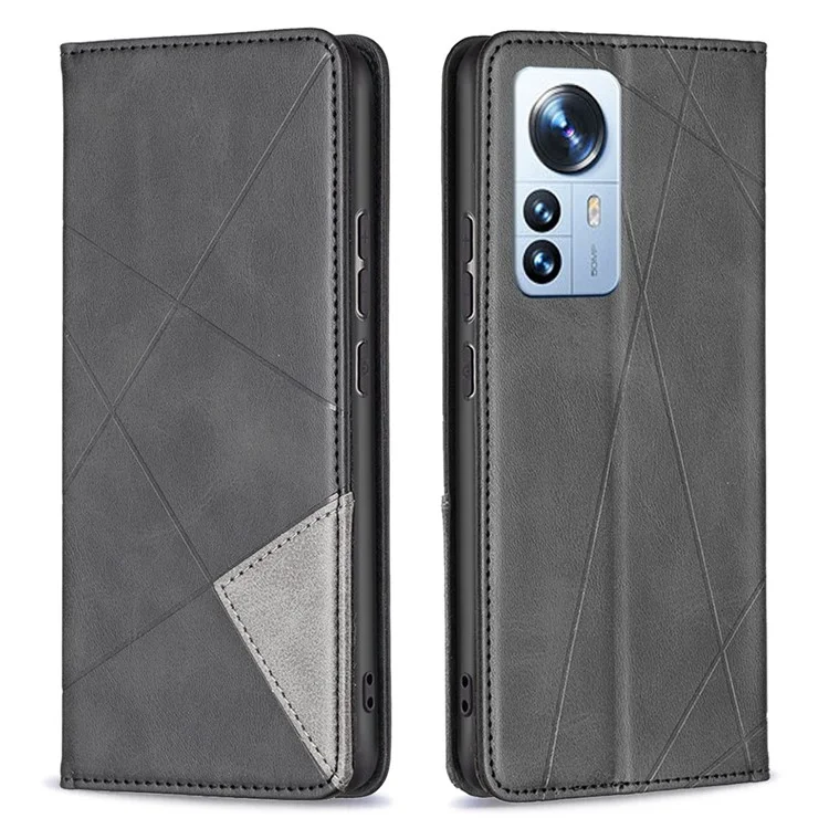 BF Imprinting Pattern Serie-1 Per Xiaomi 12 Pro 5G/12S Pro 5G/12 Pro (dimensità) Supporto di Assorbimento Magnetico 5G Cover Folio Copertina di Rombo in Pelle Impronta PU TPU TPU Case - Nero