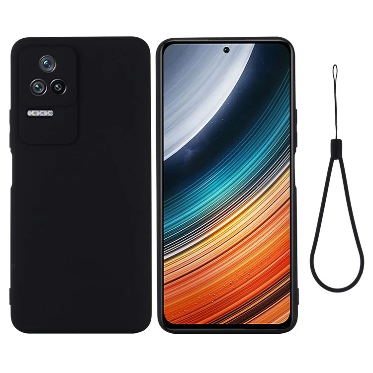 Per Xiaomi Poco F4 5G / Redmi K40S 5G Custodia in silicone liquido morbida al tatto e resistente ai graffi con cinturino - Nero