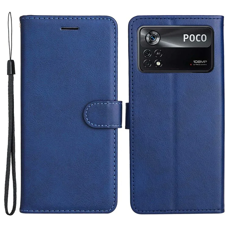 KT Leather Series-2 para Xiaomi Poco X4 Pro 5G Funda de Piel de Color Sólido PU Cartera Plegable Diseño de Bolsillo Cierre Magnético Protector de Teléfono con Correa - Azul