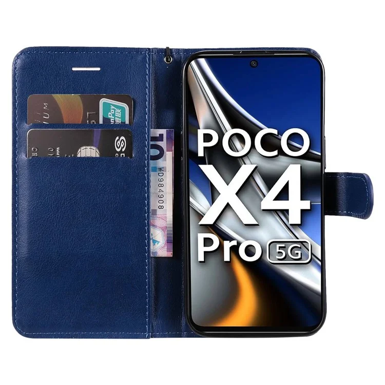 KT Leather Series-2 para Xiaomi Poco X4 Pro 5G Funda de Piel de Color Sólido PU Cartera Plegable Diseño de Bolsillo Cierre Magnético Protector de Teléfono con Correa - Azul