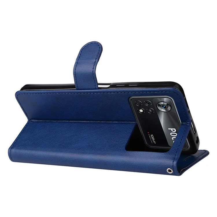 KT Leather Series-2 para Xiaomi Poco X4 Pro 5G Funda de Piel de Color Sólido PU Cartera Plegable Diseño de Bolsillo Cierre Magnético Protector de Teléfono con Correa - Azul