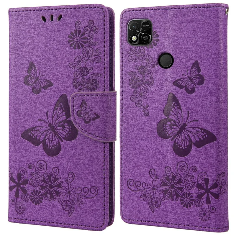 Pour Xiaomi Redmi 10a PU Cuir Butterfly Fleur Imprituted Case Stand Design Conception de Téléphone Couvercle de Protection - Violet