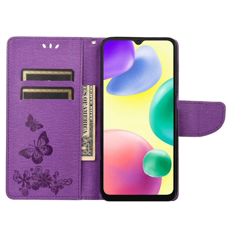 Pour Xiaomi Redmi 10a PU Cuir Butterfly Fleur Imprituted Case Stand Design Conception de Téléphone Couvercle de Protection - Violet