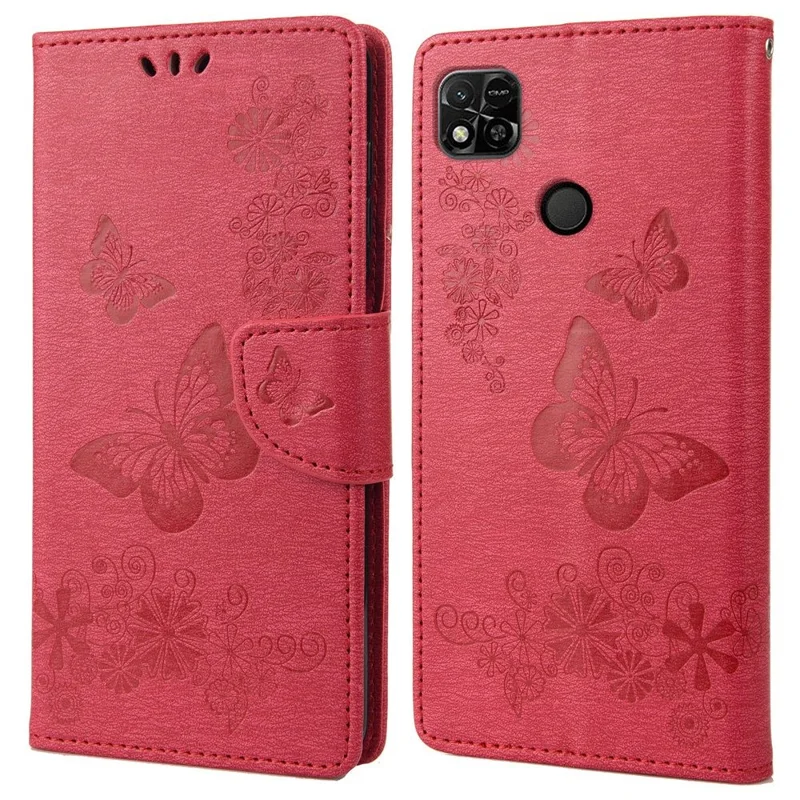 For Xiaomi Redmi 10A PU Leather Butterfly Flower Imprinted Case Stand Wallet Design Phone Protective Cover - Red