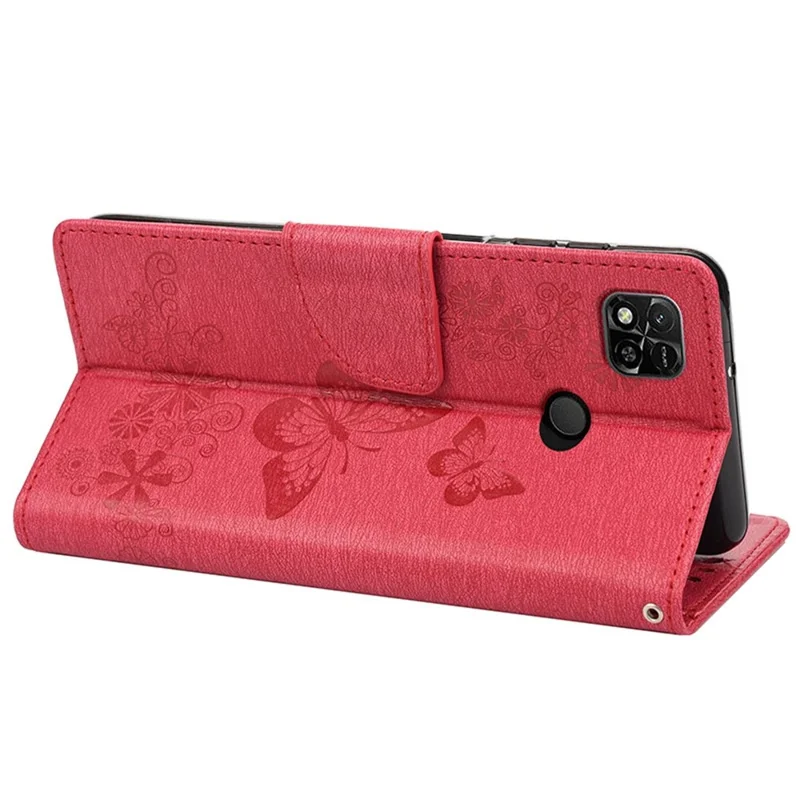 For Xiaomi Redmi 10A PU Leather Butterfly Flower Imprinted Case Stand Wallet Design Phone Protective Cover - Red