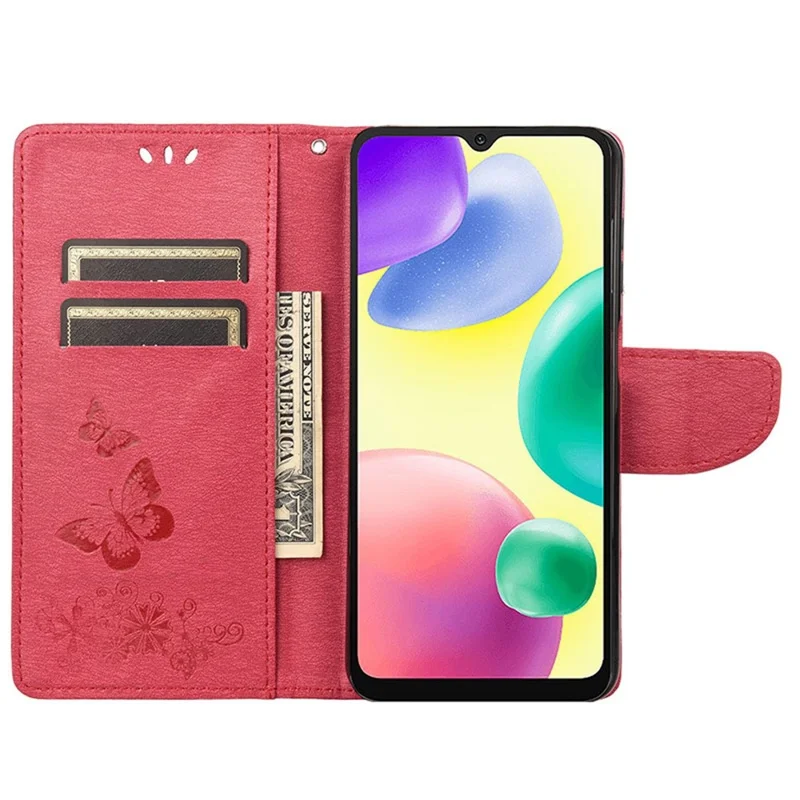 For Xiaomi Redmi 10A PU Leather Butterfly Flower Imprinted Case Stand Wallet Design Phone Protective Cover - Red