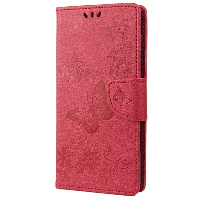 For Xiaomi Redmi 10A PU Leather Butterfly Flower Imprinted Case Stand Wallet Design Phone Protective Cover - Red