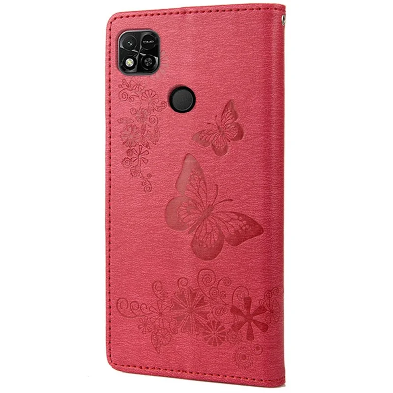 For Xiaomi Redmi 10A PU Leather Butterfly Flower Imprinted Case Stand Wallet Design Phone Protective Cover - Red